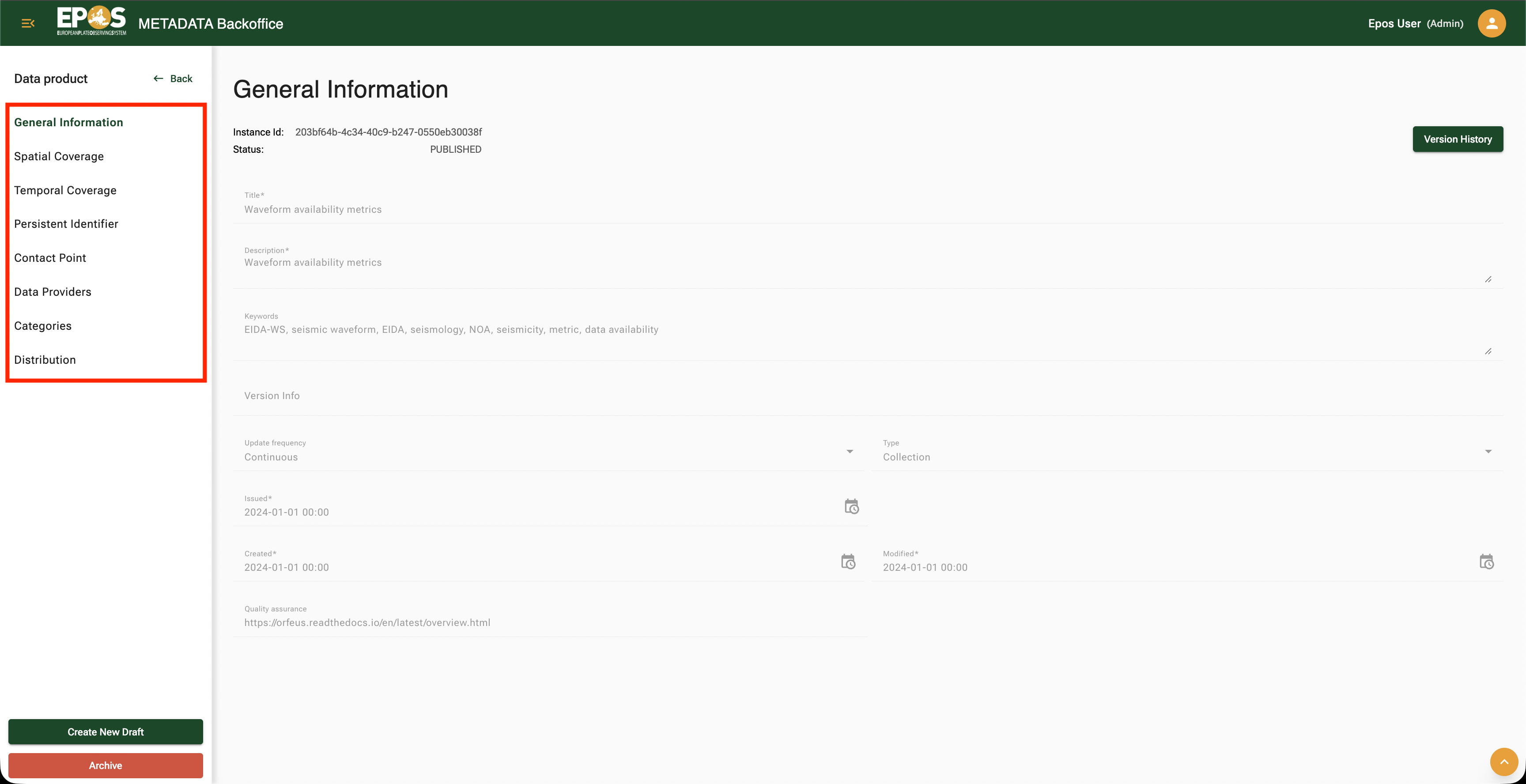 Data Product editor with section navigation for dataset-level metadata