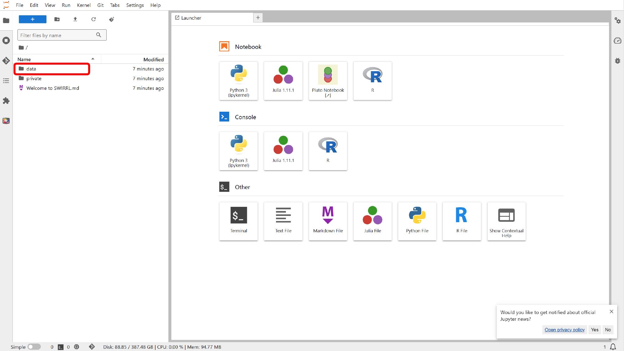 JupyterLab opens with the notebook resources available from the data area