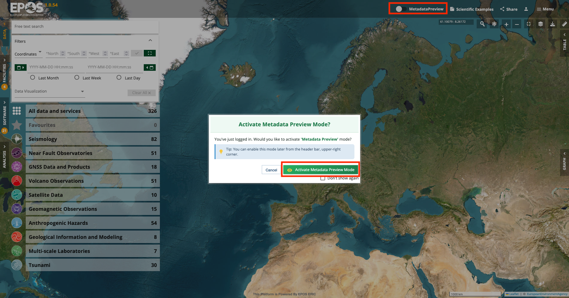 Platform prompt to activate Metadata Preview mode after login