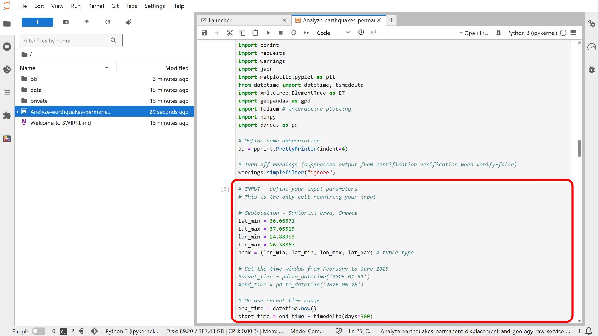 The main input cell groups the geographic and temporal settings together