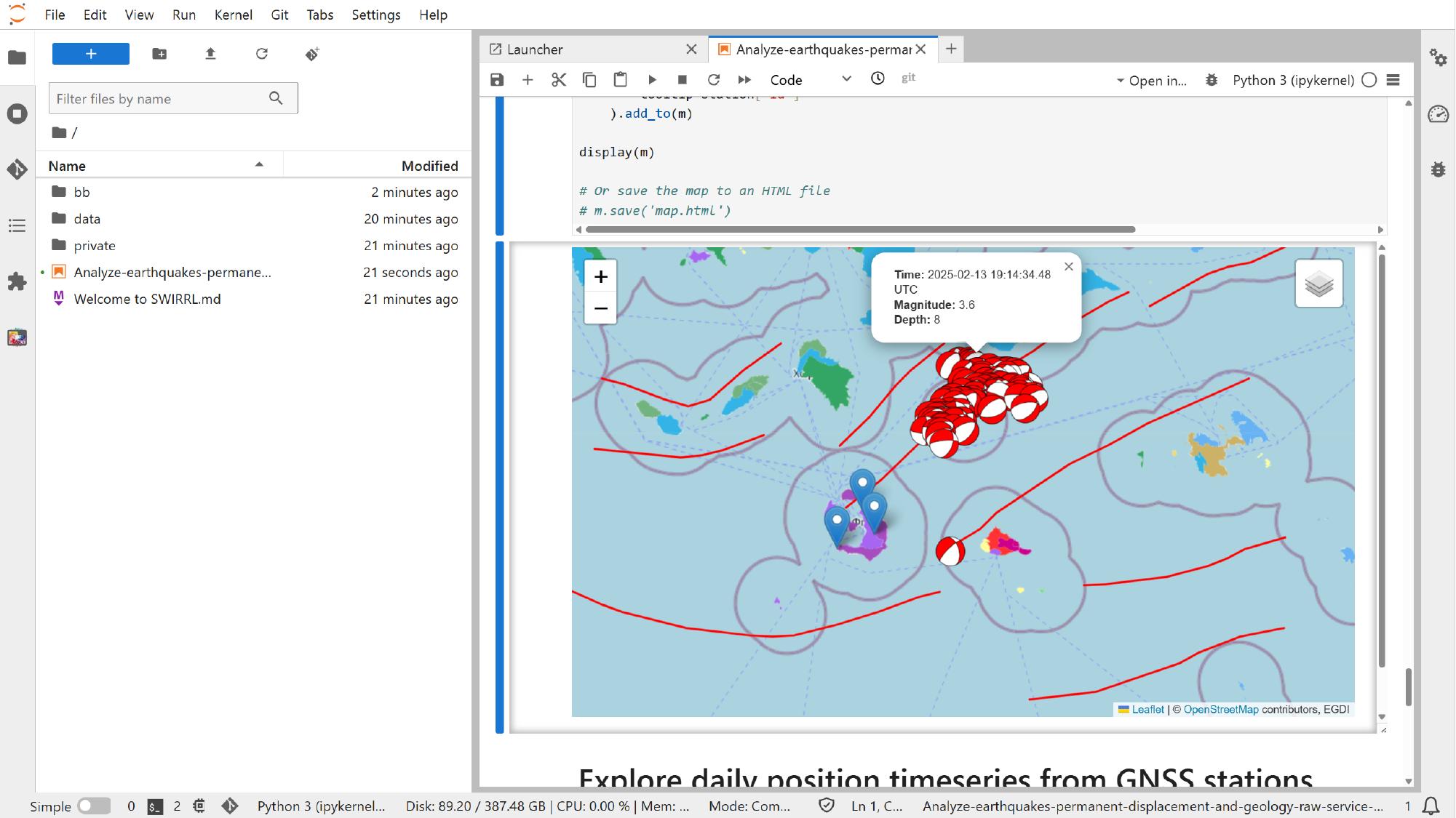 The notebook can render an interactive map directly in JupyterLab