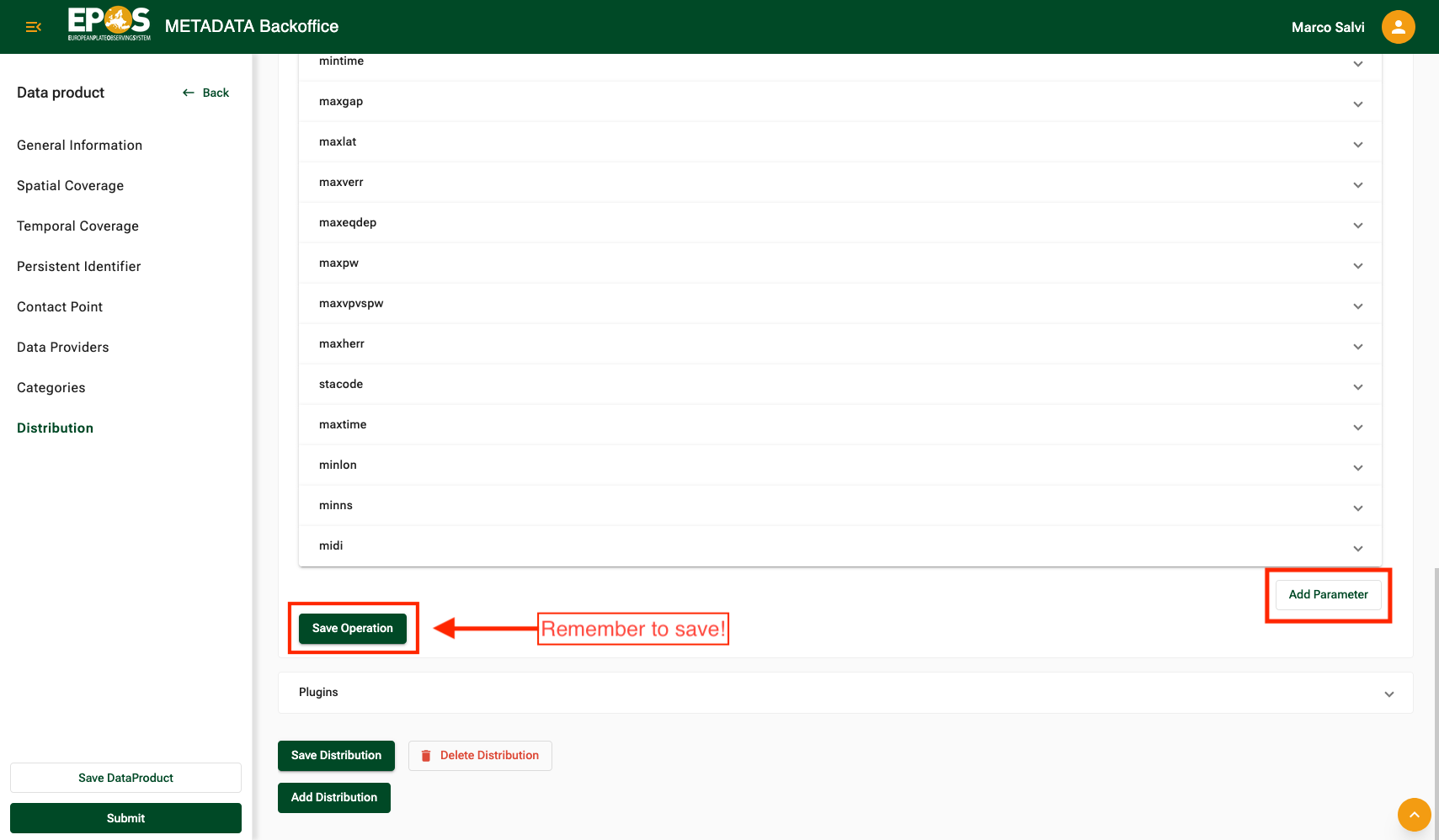Supported Operations section showing the Add Parameter button and the Save Operation action