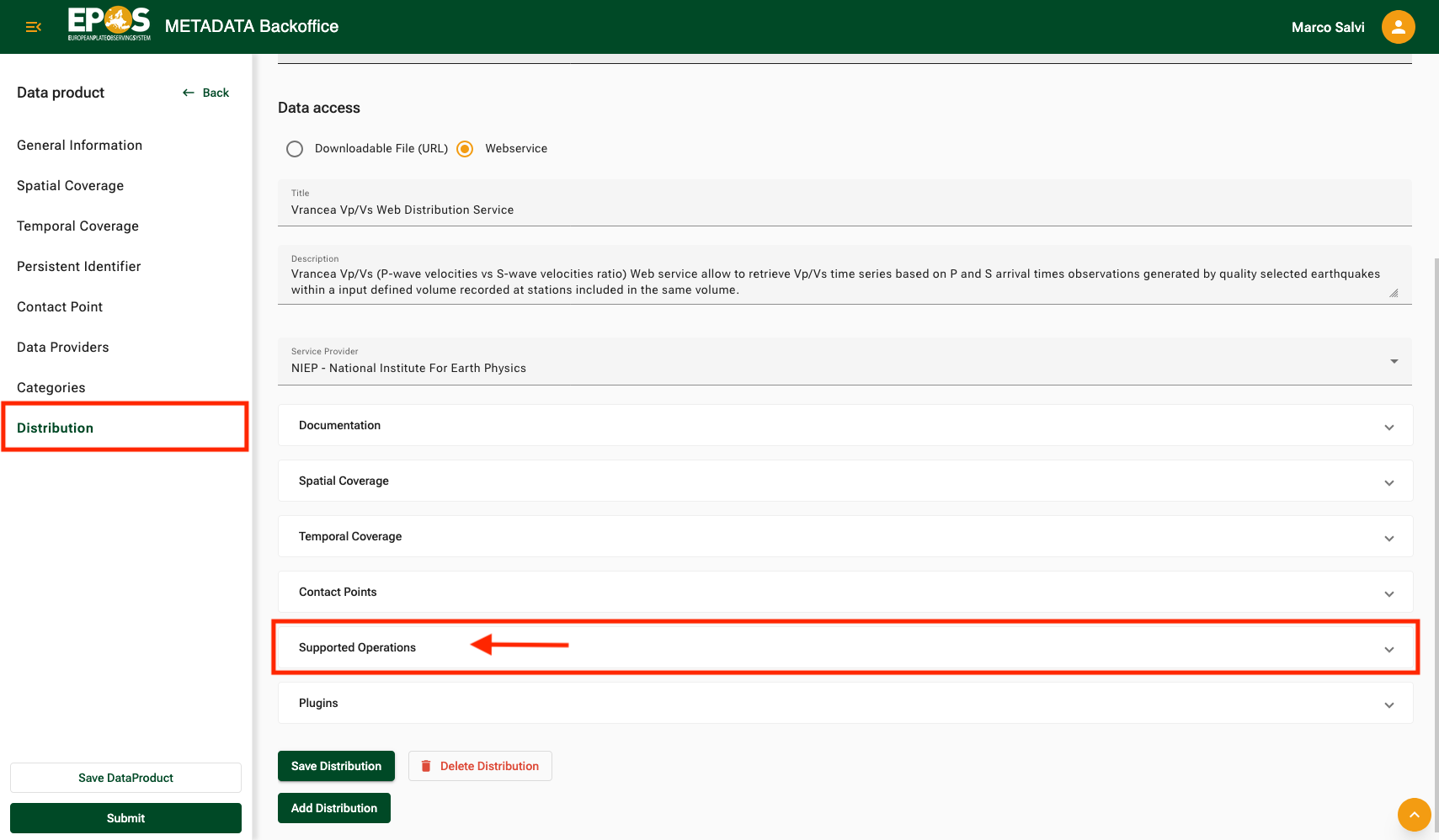 Distribution editor showing where to open the Supported Operations section