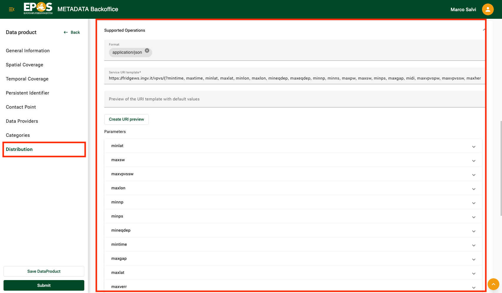 Supported Operations section with the URI template, preview action, and parameter list