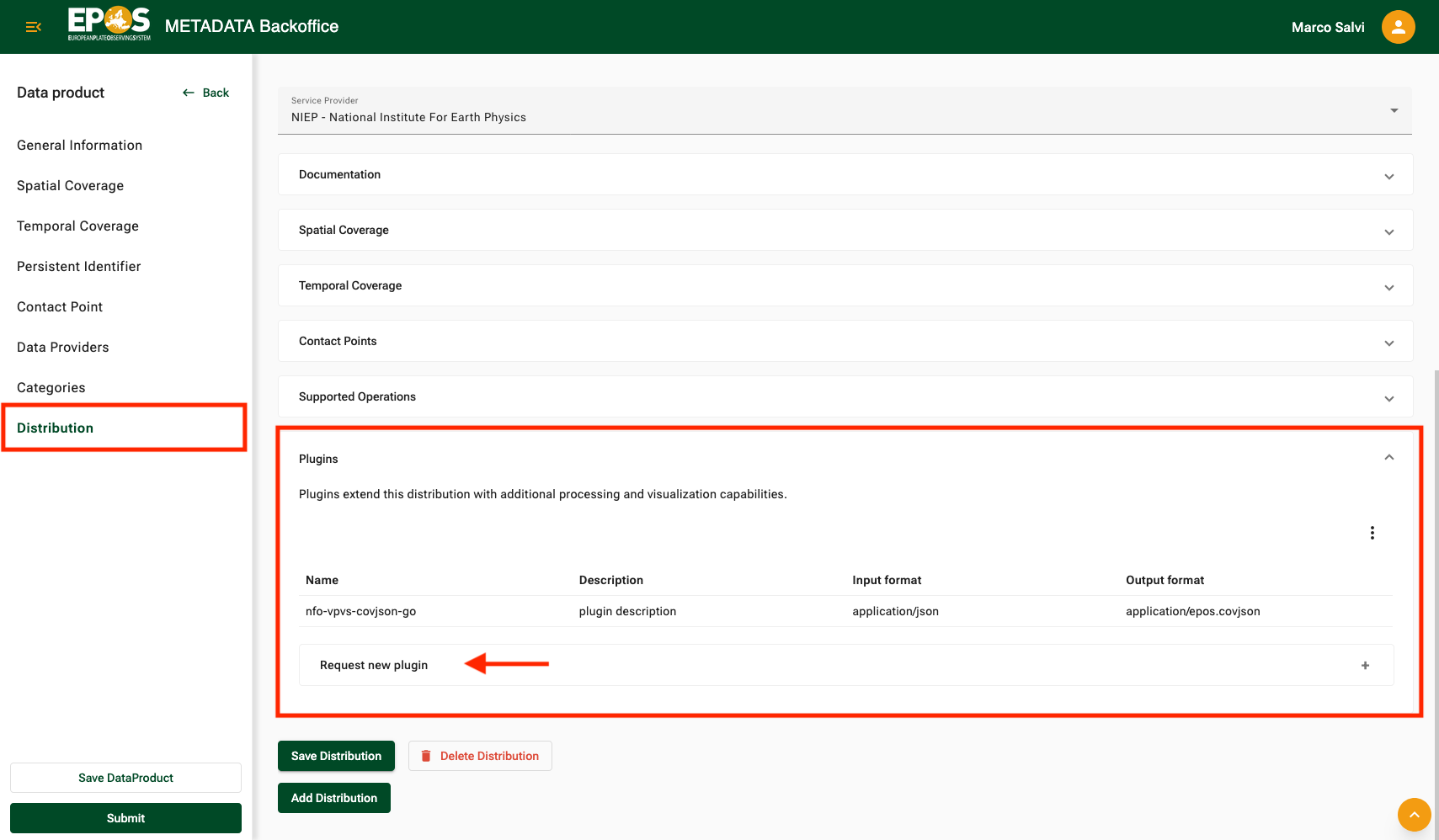 Plugins section for a Distribution with the current association and request action