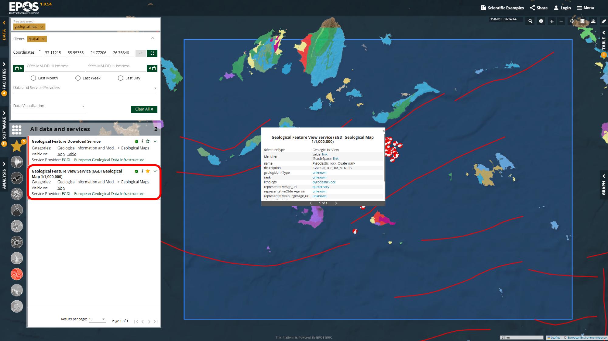 Load the EGDI geological map and inspect a clicked feature