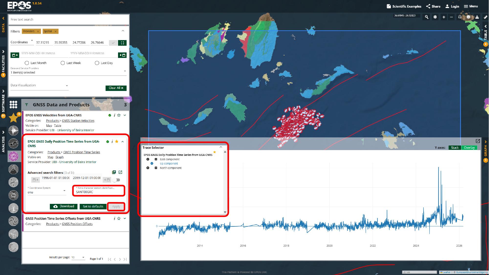 Set the Santorini station identifier and use the trace selector to choose the components to plot