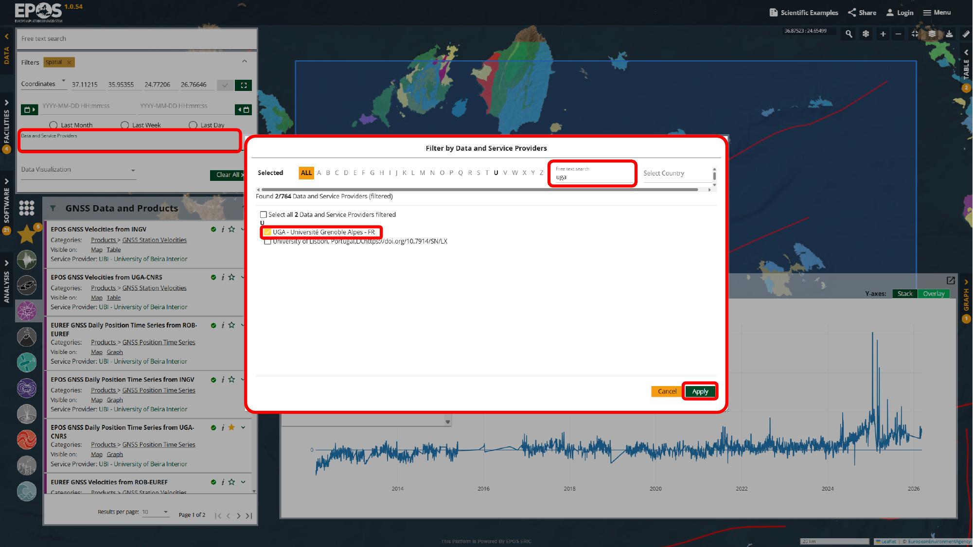 Filter providers by UGA to narrow the services list to the relevant time-series provider
