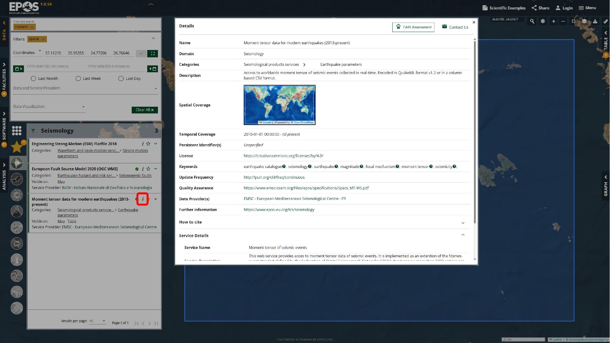 Open the service details panel to inspect provider, temporal coverage, license, and quality information