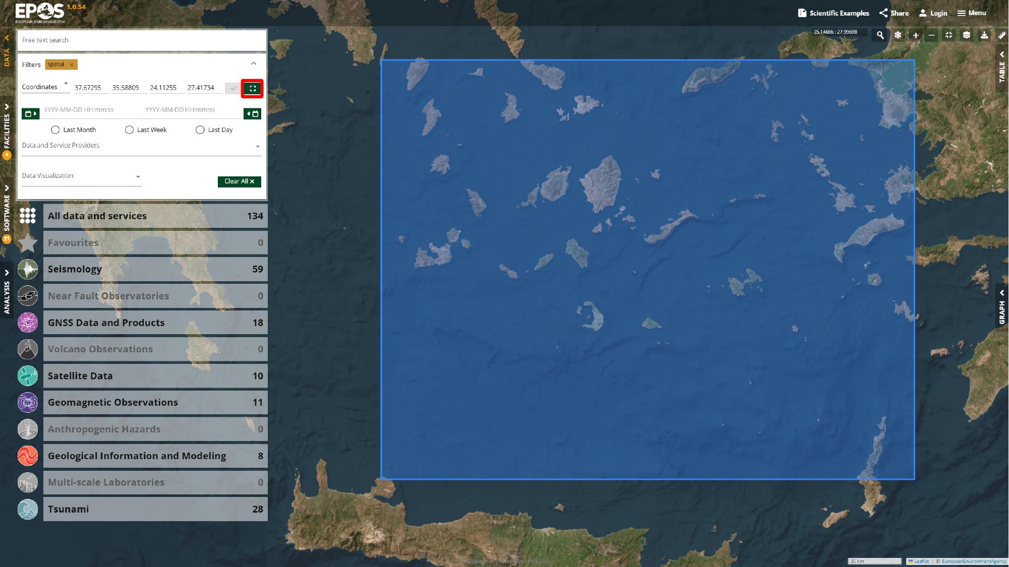 Use the spatial filter to draw a bounding box around Santorini