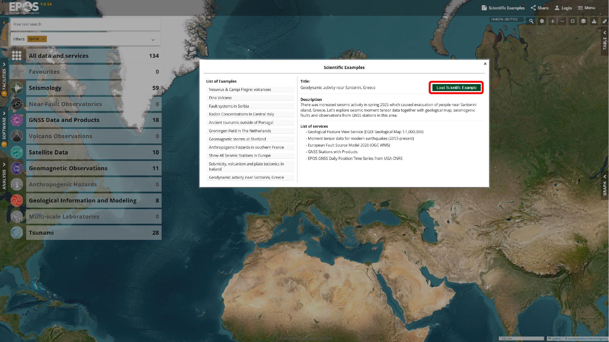 Choose the Santorini example, inspect its description and services, and load it