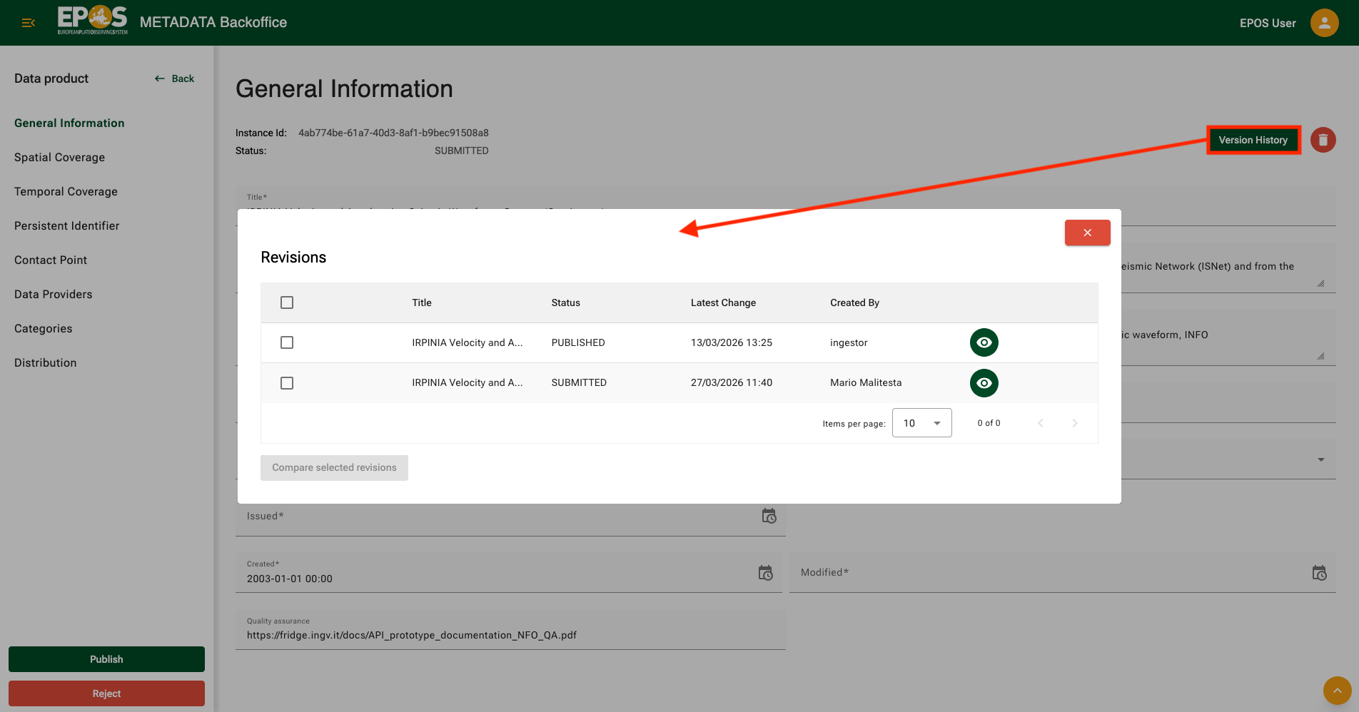Revision history showing published and draft versions of the same asset